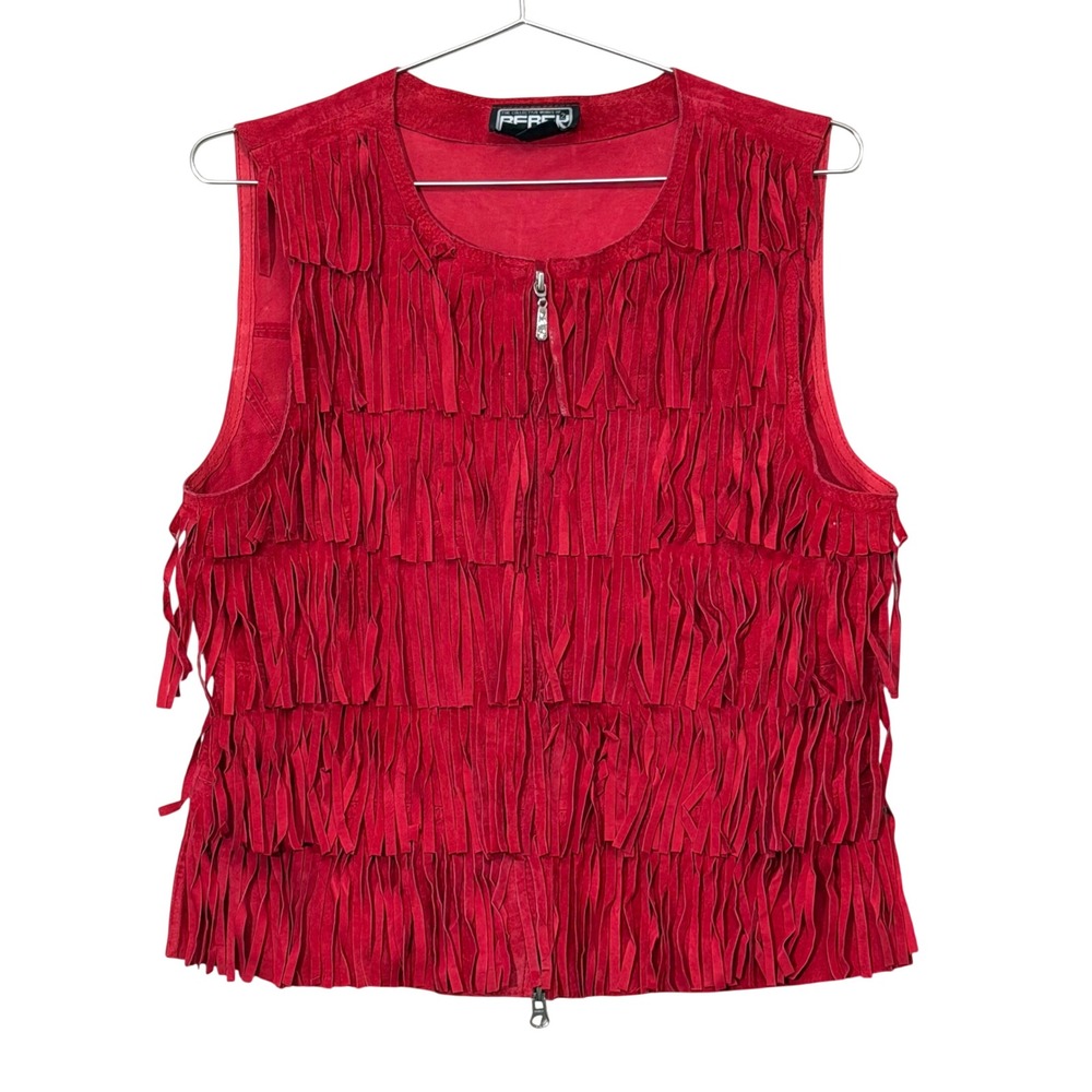 Berek Fringe Leather Vest Women PXS Red Western Boho Festival Layered Tassel 70s